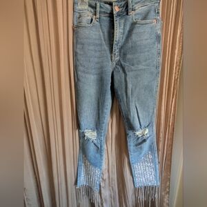 AKIRA Light Blue Distressed Ankle Jeans with Beaded Fringe